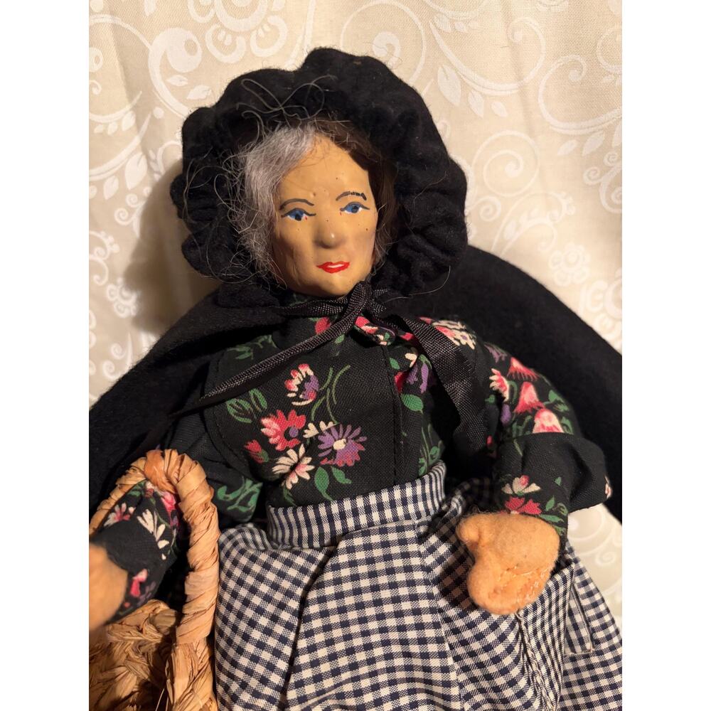Vintage Handmade Folk Art Doll with Woven Basket - Picture 2 of 8